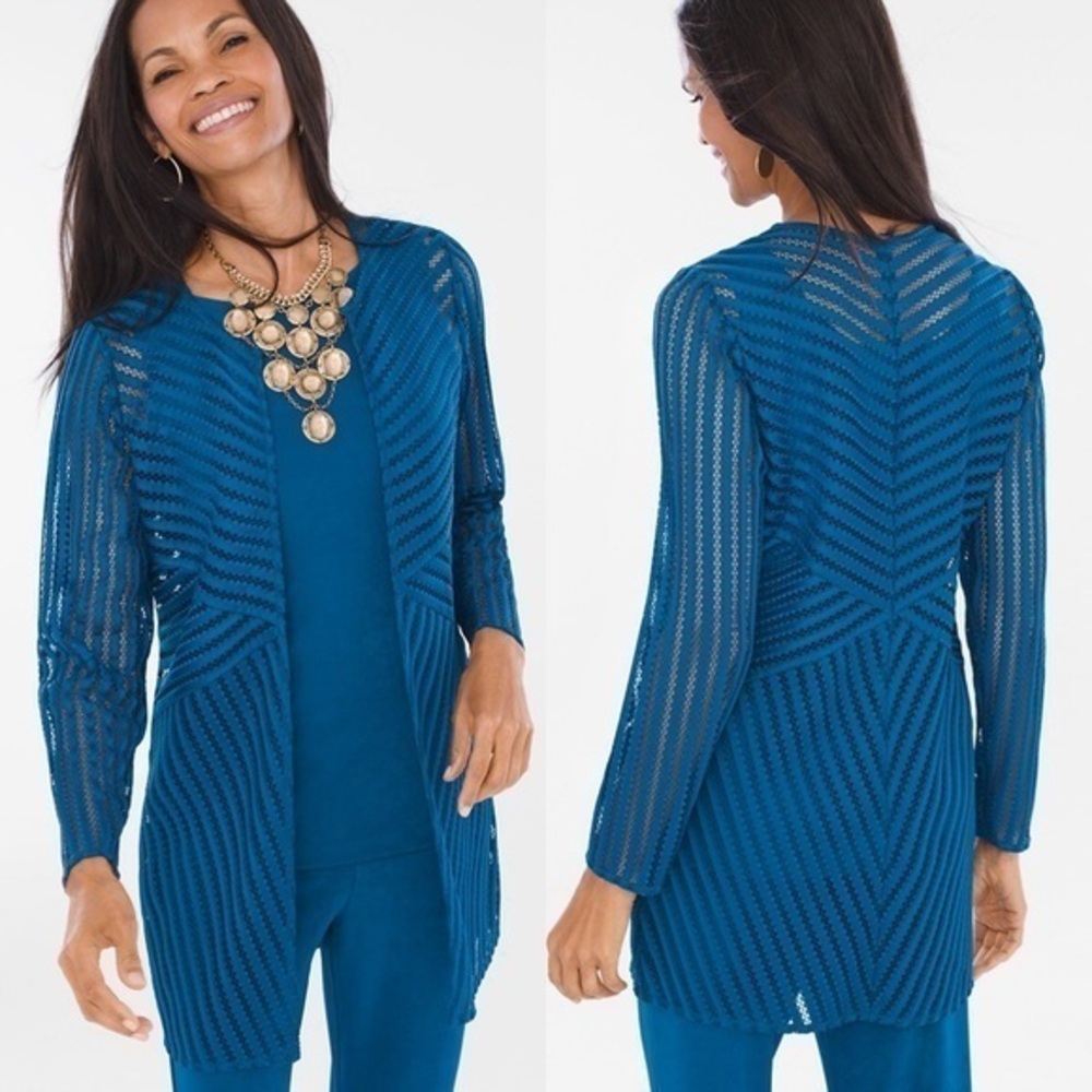 Chico’s Travelers Mesh Stripe Long Jacket Teal Sheer Summer Coastal Vacay L 12